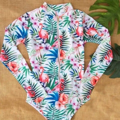 Colour Flower One-piece Long-sleeve Swimsuit with Zipper