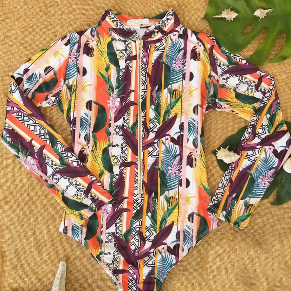 Colour Flower One-piece Long-sleeve Swimsuit with Zipper