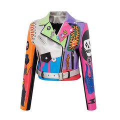 Colourful Motorcycle PU Jacket - Silver / S - Jackets