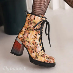 Combat Marble Print Lace Up Square Heels Ankle Boots