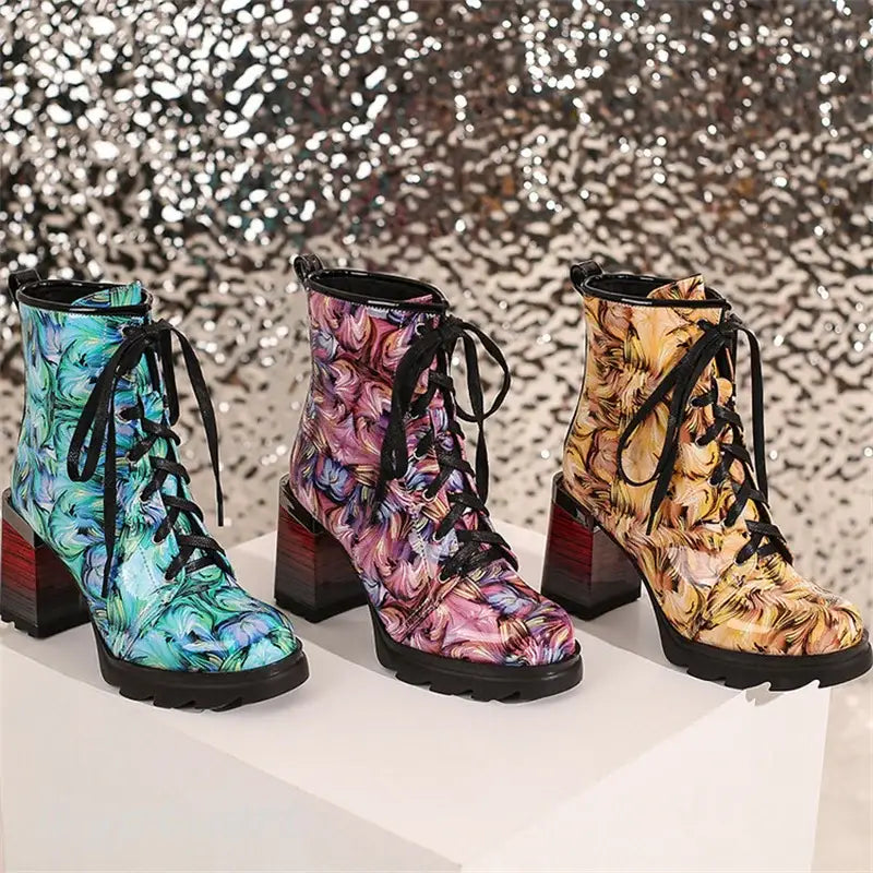 Combat Marble Print Lace Up Square Heels Ankle Boots