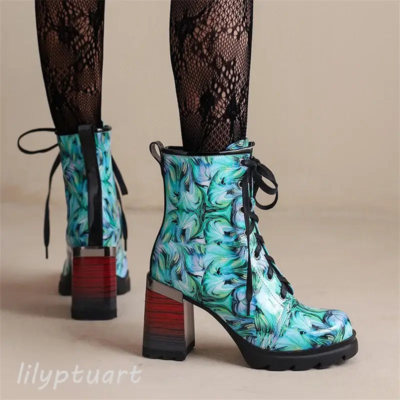 Combat Marble Print Lace Up Square Heels Ankle Boots