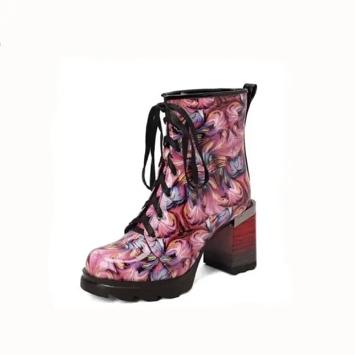 Combat Marble Print Lace Up Square Heels Ankle Boots - Pink