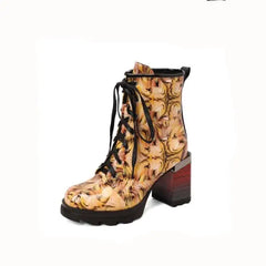 Combat Marble Print Lace Up Square Heels Ankle Boots