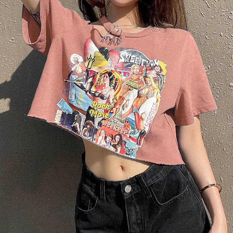 Comic Girls Print Off Shoulder T-Shirt - Pink / S - T-shirt