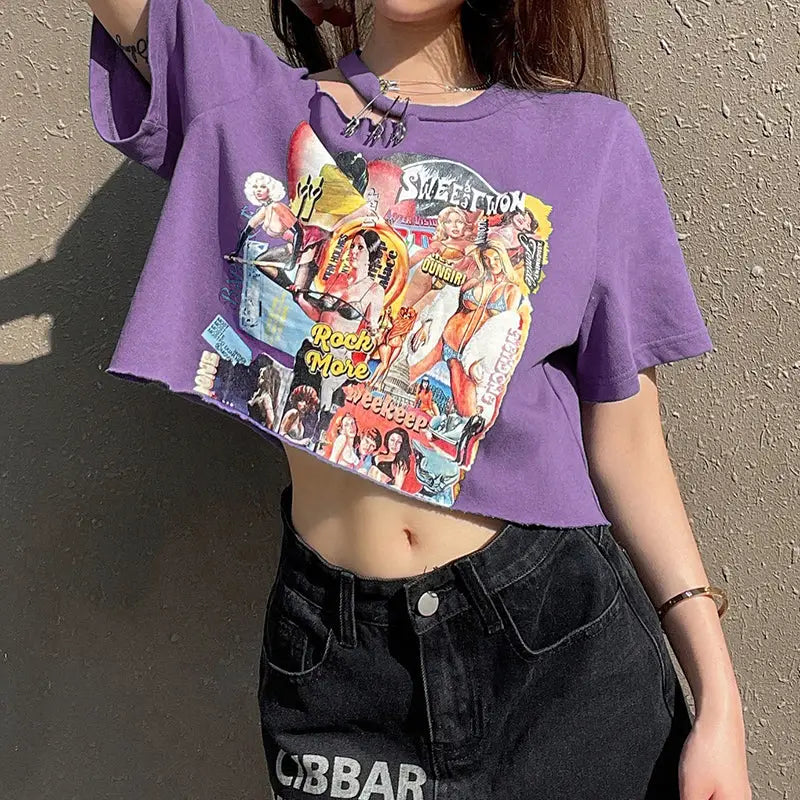 Comic Girls Print Off Shoulder T-Shirt - Purple / S