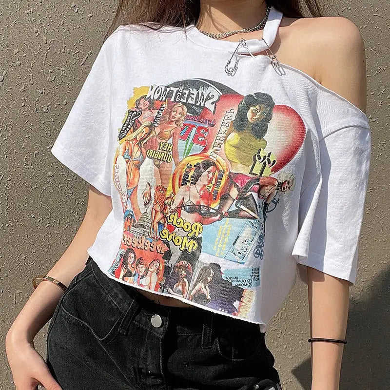 Comic Girls Print Off Shoulder T-Shirt - White / S - T-shirt