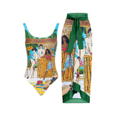 Comic Print One Piece Backless Swimsuit