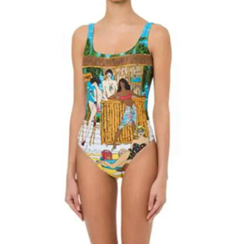 Comic Print One Piece Backless Swimsuit