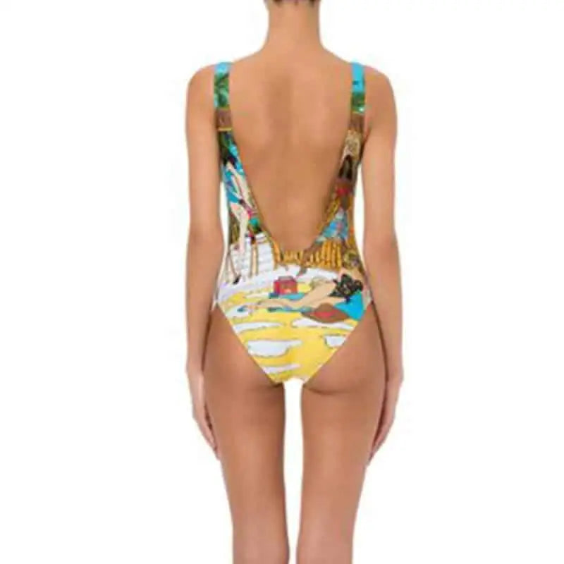 Comic Print One Piece Backless Swimsuit