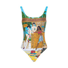 Comic Print One Piece Backless Swimsuit - Green / S