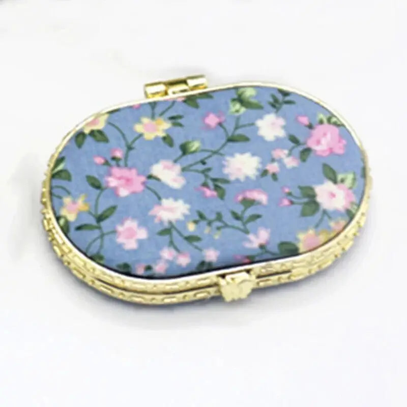 Compact Pocket Floral Mirror Two Side Portable Design Blue