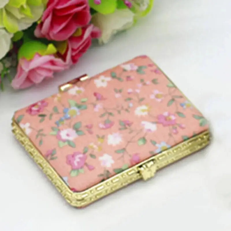 Compact Pocket Floral Mirror Two Side Portable Design Pink