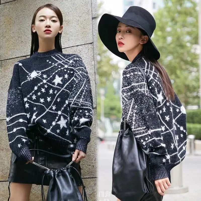 Constellation Galaxy Loose Knit Sweater for Men and Women
