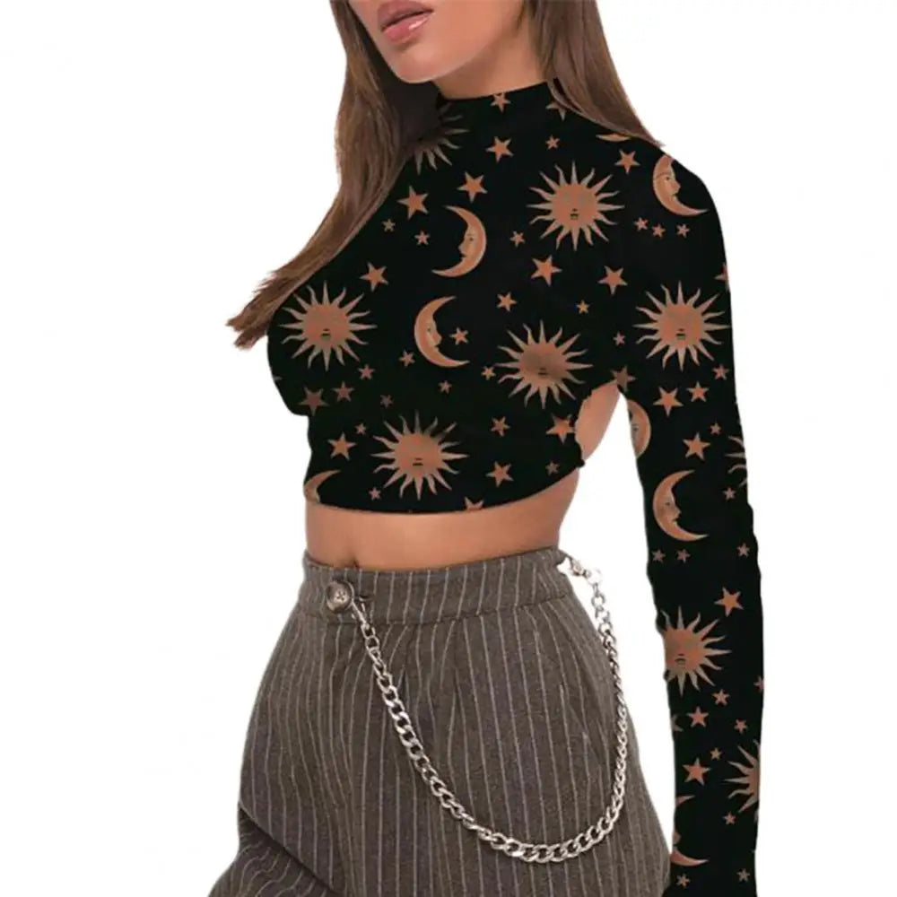 Constellation Long Sleeve Crop Top with Turtleneck Design