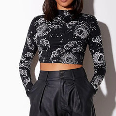 Constellation Long Sleeve Crop Top with Turtleneck Design