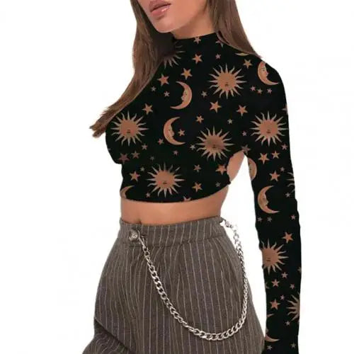 Constellation Long Sleeve Crop Top with Turtleneck Design