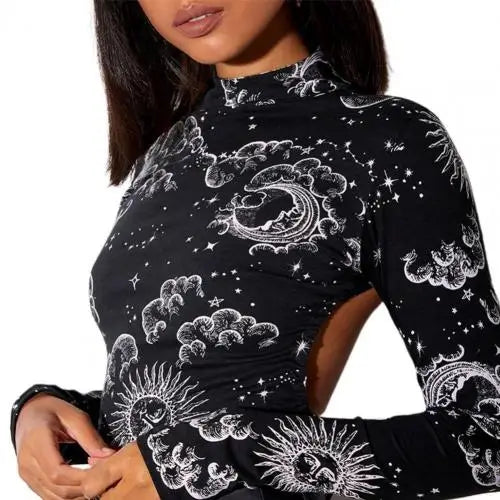 Constellation Long Sleeve Crop Top with Turtleneck Design