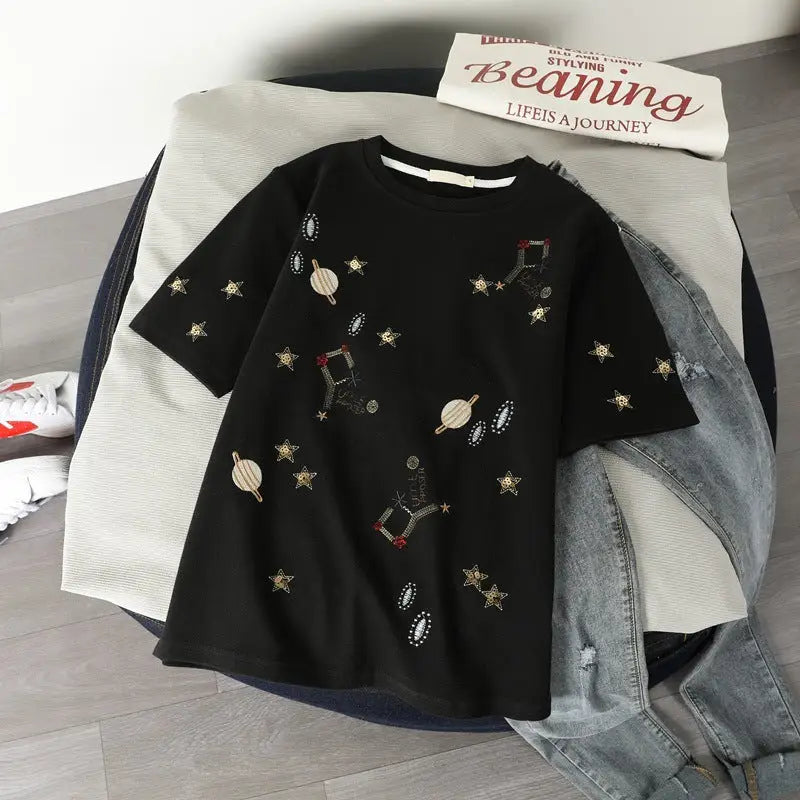 Constellation Loose Embroidery T-shirt - Black / S - T-Shirt