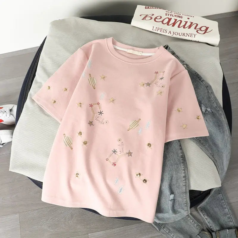 Constellation Loose Embroidery T-shirt - Pink / S - T-Shirt