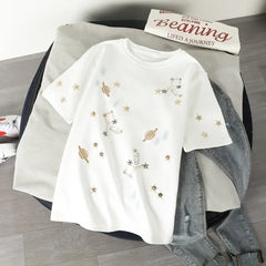 Constellation Loose Embroidery T-shirt - White / S - T-Shirt