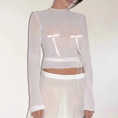 Contrast Bow Sheer Slim Long Sleeve Crop Top