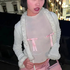 Contrast Bow Sheer Slim Long Sleeve Crop Top