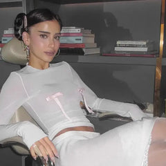 Contrast Bow Sheer Slim Long Sleeve Crop Top