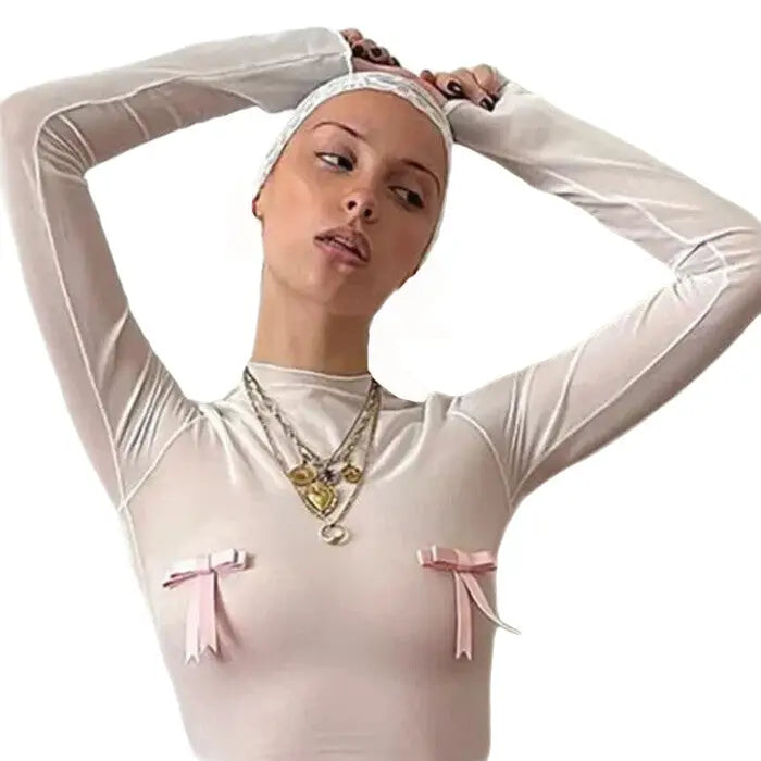 Contrast Bow Sheer Slim Long Sleeve Crop Top