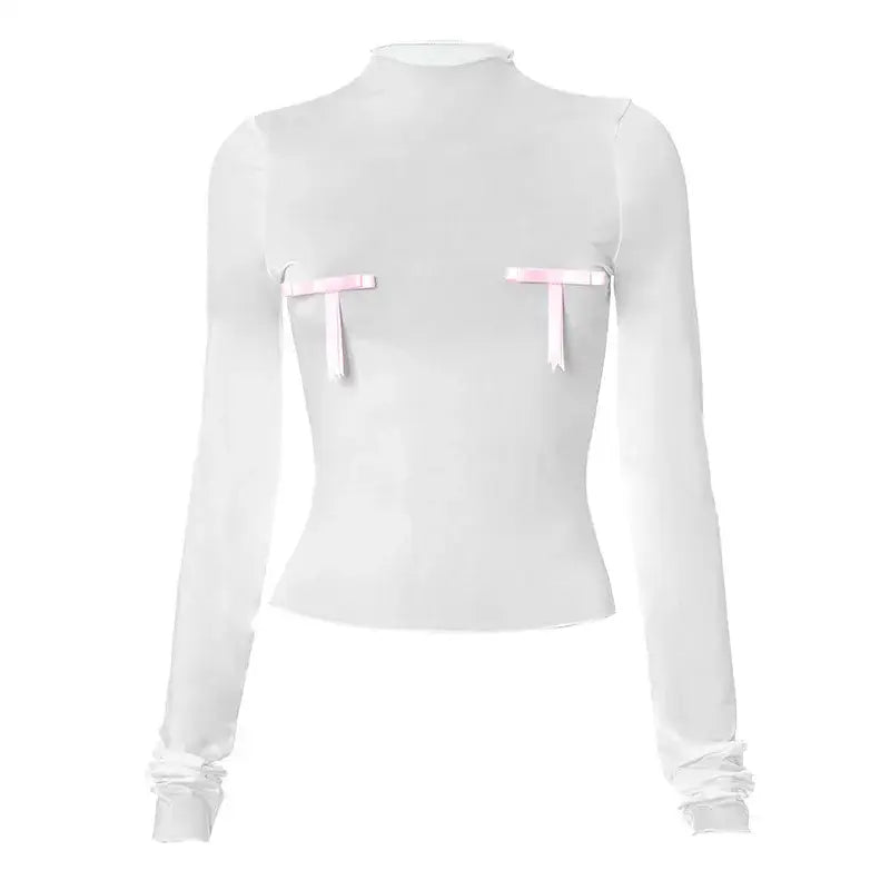 Contrast Bow Sheer Slim Long Sleeve Crop Top White / S