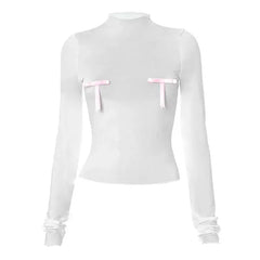 Contrast Bow Sheer Slim Long Sleeve Crop Top White / S