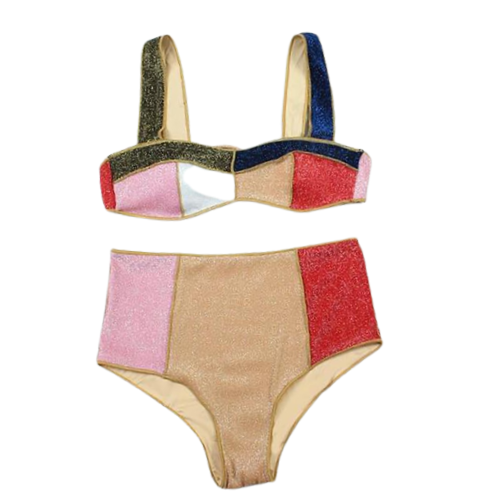 Contrast Color Patchwork High Waist Bikini - Multicolor / S