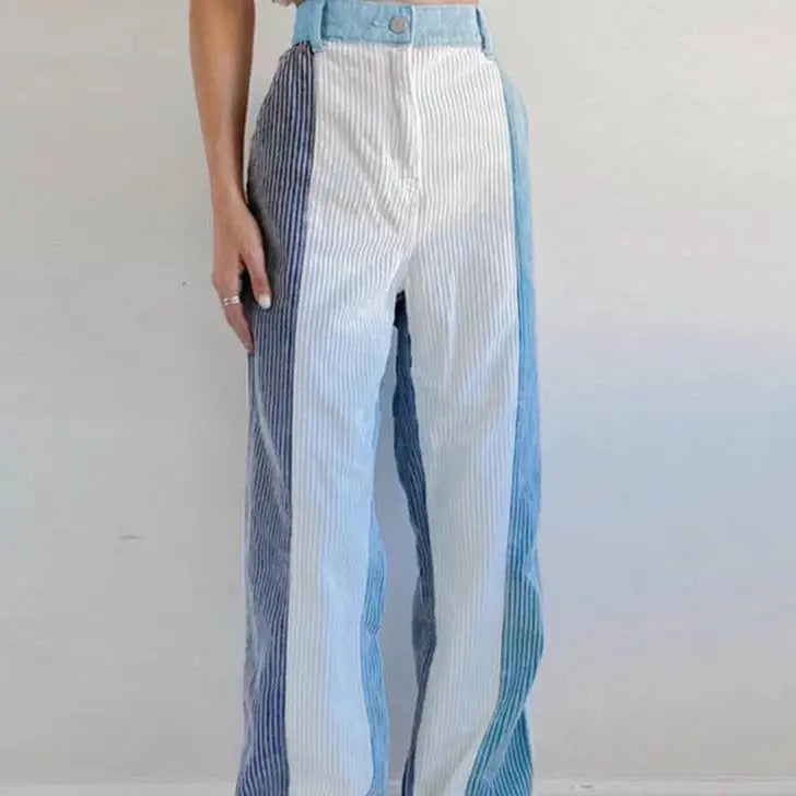 Contrast Color Pockets Corduroy High-Waist Pants