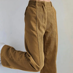 Contrast Color Pockets Corduroy High-Waist Pants - Auburn