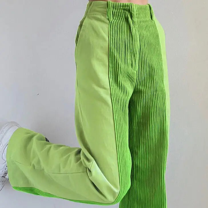 Contrast Color Pockets Corduroy High-Waist Pants - Green / S