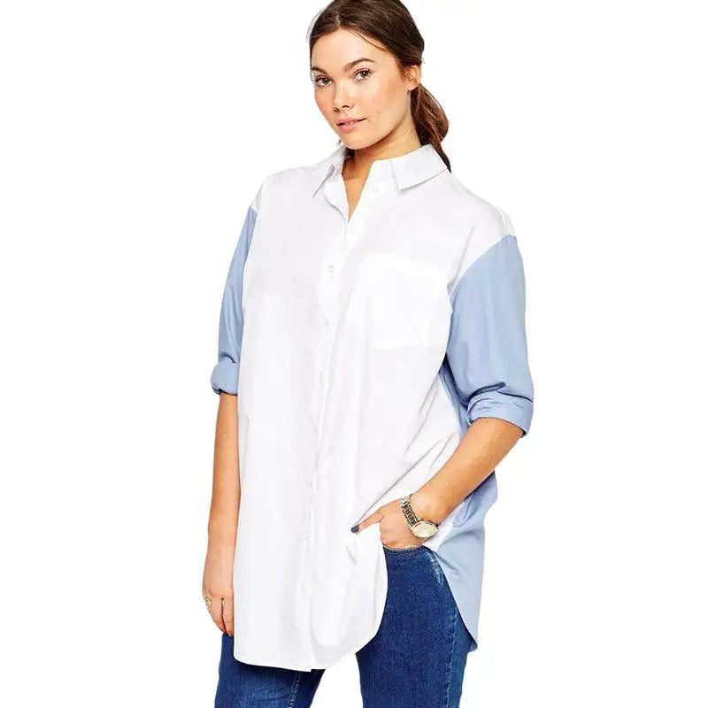 Contrast Color Stitching Long-Sleeved Shirt - Blue