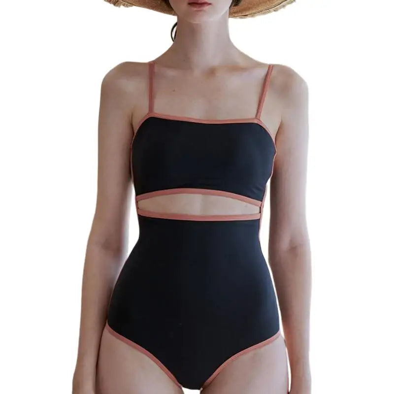 Contrasting Black High Waist One Piece Swimsuit / M