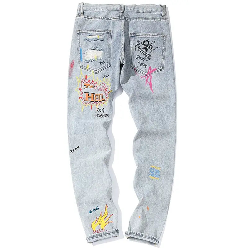 Cool Graffiti Denim Pants with Zipper Fly Closure