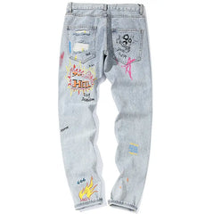 Cool Graffiti Denim Pants with Zipper Fly Closure