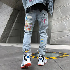 Cool Graffiti Denim Pants with Zipper Fly Closure