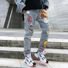 Cool Graffiti Denim Pants with Zipper Fly Closure