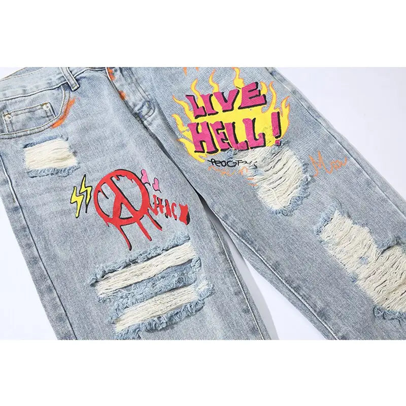 Cool Graffiti Denim Pants with Zipper Fly Closure