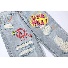 Cool Graffiti Denim Pants with Zipper Fly Closure