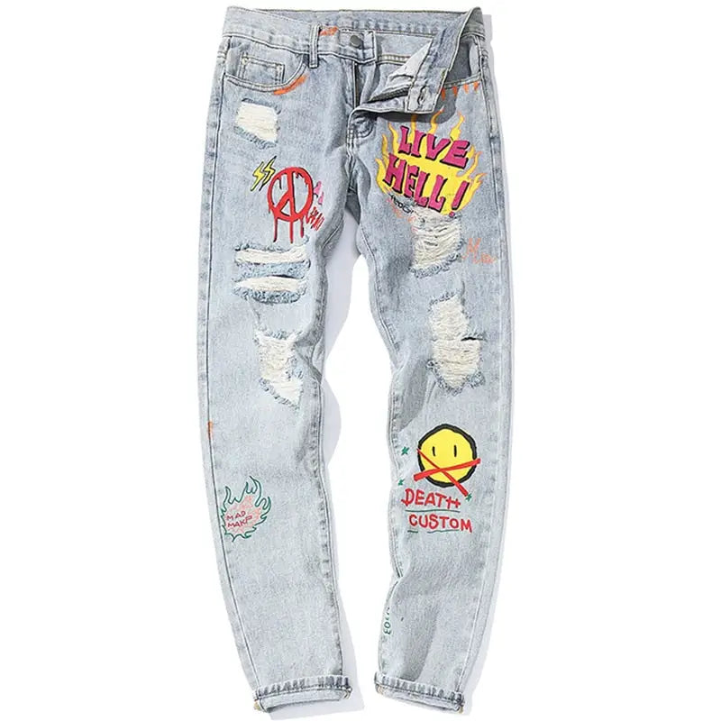 Cool Graffiti Denim Pants with Zipper Fly Closure Blue / 28