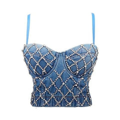 Denim and Crystal Push Up Crop Top Corset - Blue / S