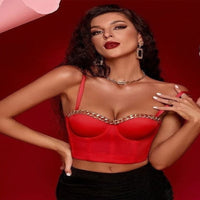 Thumbnail for Solid Red Color with Gold Thick Chain Push Up Crop Top Corset