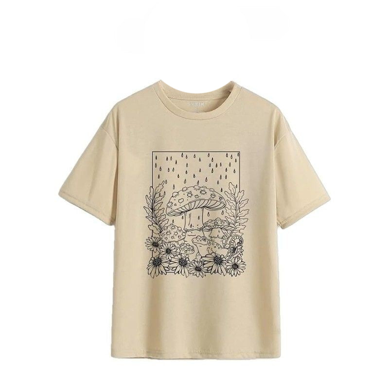 Mushroom Frog & Floral Vintage T-Shirt - Beige / XS