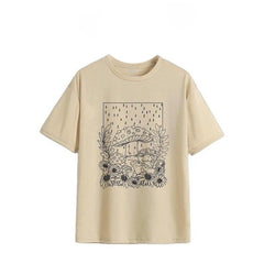 Mushroom Frog & Floral Vintage T-Shirt - Beige / XS