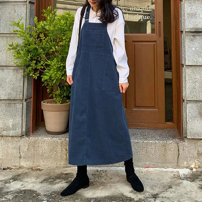 Corduroy Dress Loose Sleeves - Blue / S