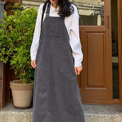 Corduroy Dress Loose Sleeves - Gray / S